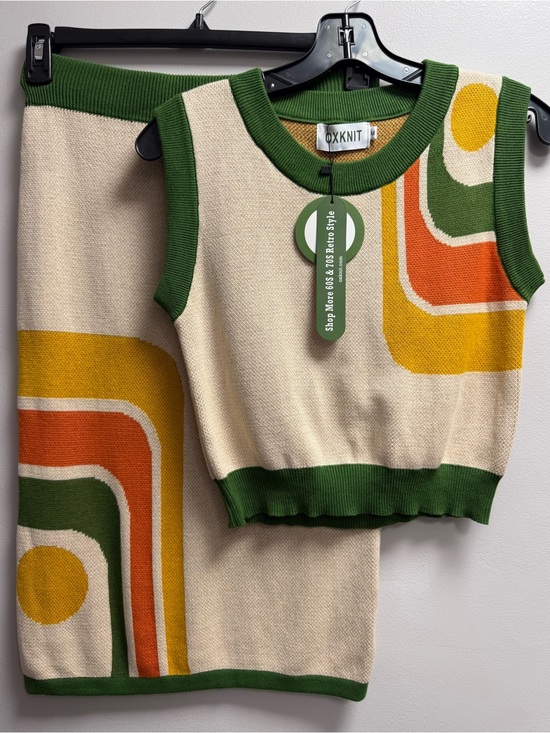 OXKNIT Sweaters - NWT 2-Piece OXKNIT Set - Cream/Green/Orange/Yellow Retro Knit Vest + Skirt Set M